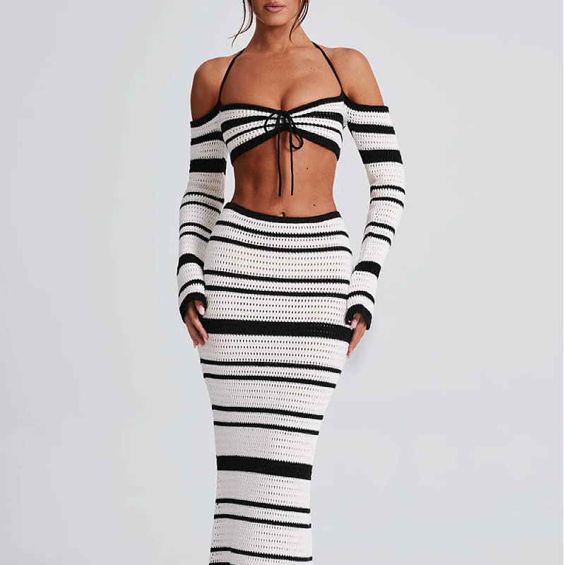 Women's 2025 Summer Striped Halter Neck Two-Piece Set Long Sleeve Crop Top & Bodycon Midi Skirt Y2K Vacation Sexy Office-to-Beach Outfit Retro Knit Textured Matching Set