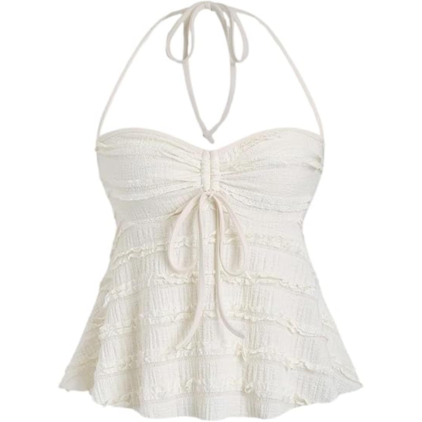 Women's Asymmetric Tie-Front Halter Crop Top Y2K Knit Sling Vest Polyester Summer Sexy Casual Slingback Party Wear