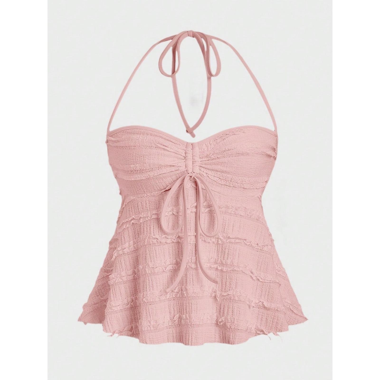 新款跨境外贸不规则系带挂脖背心吊带夏季性感辣妹针织吊带衫