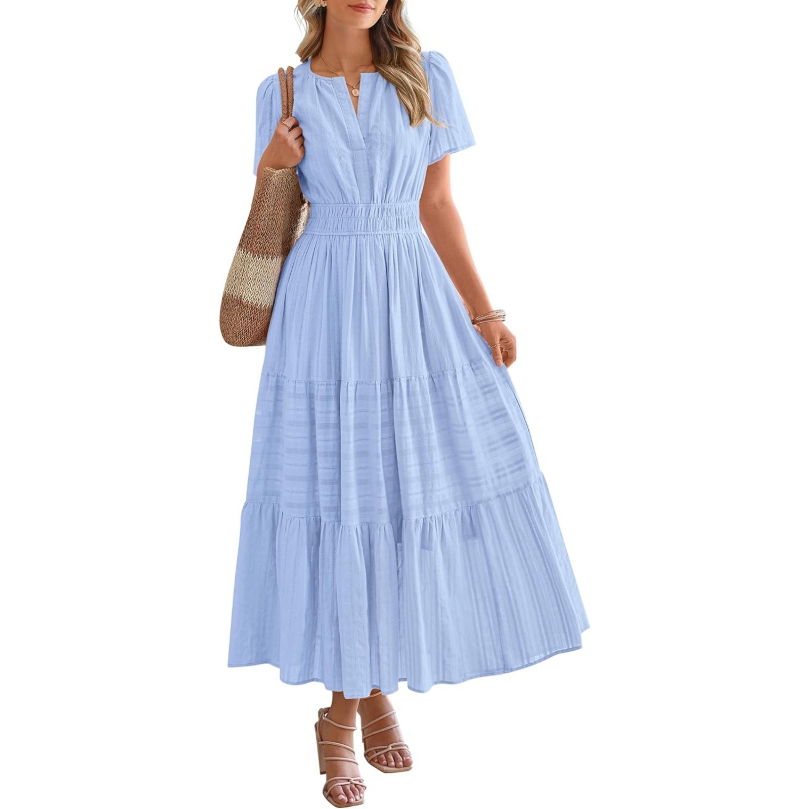 2025欧美外贸跨境女装亚马逊爆款 V领抽褶泡泡袖大摆短袖连衣裙