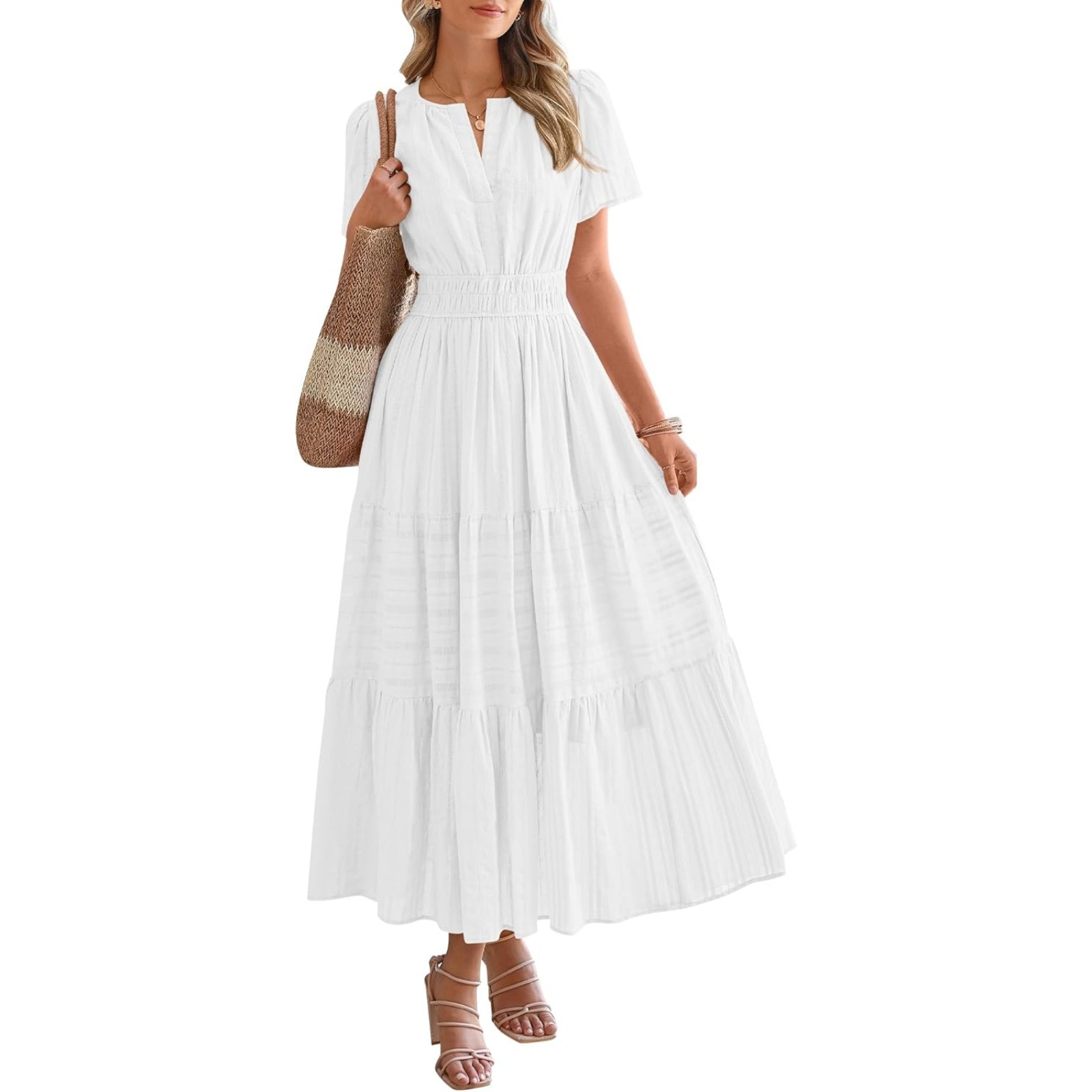 Womens Summer 2025 Casual Midi Maxi Dresses Lightweight Short Sleeve V Neck Elastic Waist Boho Beach Dress Pockets
