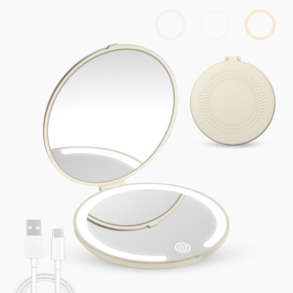 带放大倍率 1X/5X 的发光化妆镜 小巧旅行镜 便携式迷你 LED 袖珍镜 双面 USB 可充电触摸屏 适用于手提包 女包 女式礼品 白色