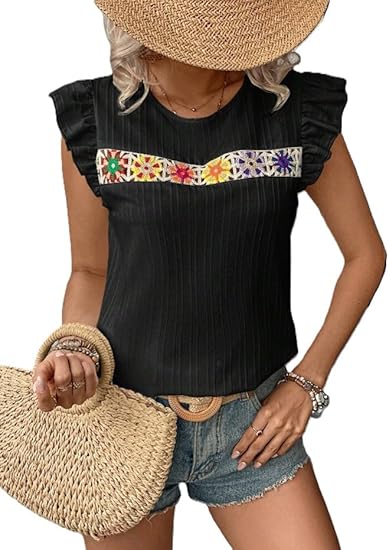 Womens Floral Crochet Knit Summer Tops 2025 Ruffle Cap Sleeve Crewneck T Shirts Hollow Out Casual Basic Tee