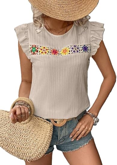 Womens Floral Crochet Knit Summer Tops 2025 Ruffle Cap Sleeve Crewneck T Shirts Hollow Out Casual Basic Tee
