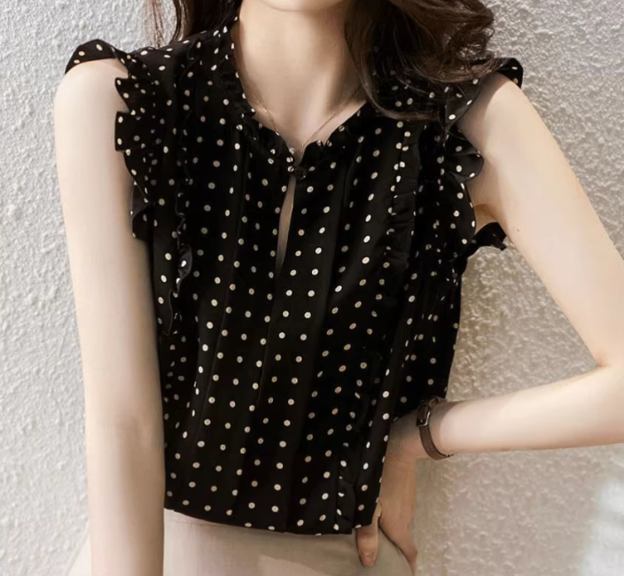 无袖荷叶边碎花衬衫女夏季新款宽松气质衬衣甜美雪纺印花上衣