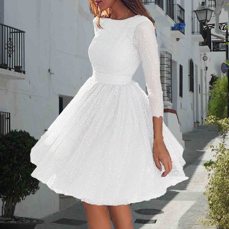 女性派对礼服2025长袖娃娃礼服圆领纯色舞会礼服优雅的迷你裙