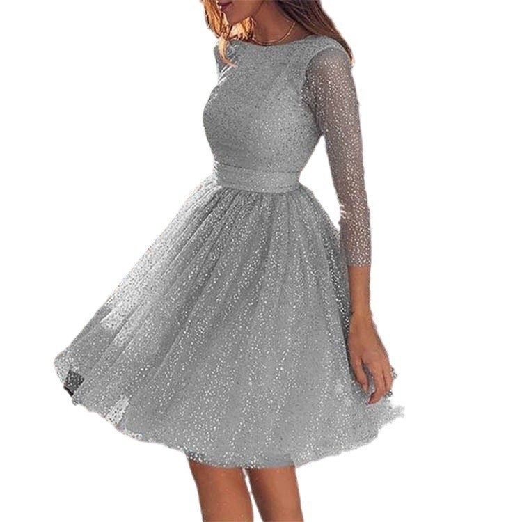 女性派对礼服2025长袖娃娃礼服圆领纯色舞会礼服优雅的迷你裙