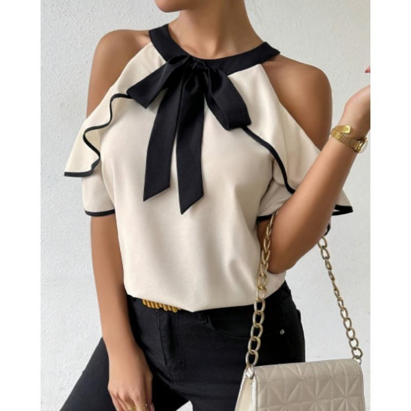 Women's Cold Shoulder Bow Blouse Ruffle Trim Color Block Work Office Shirt