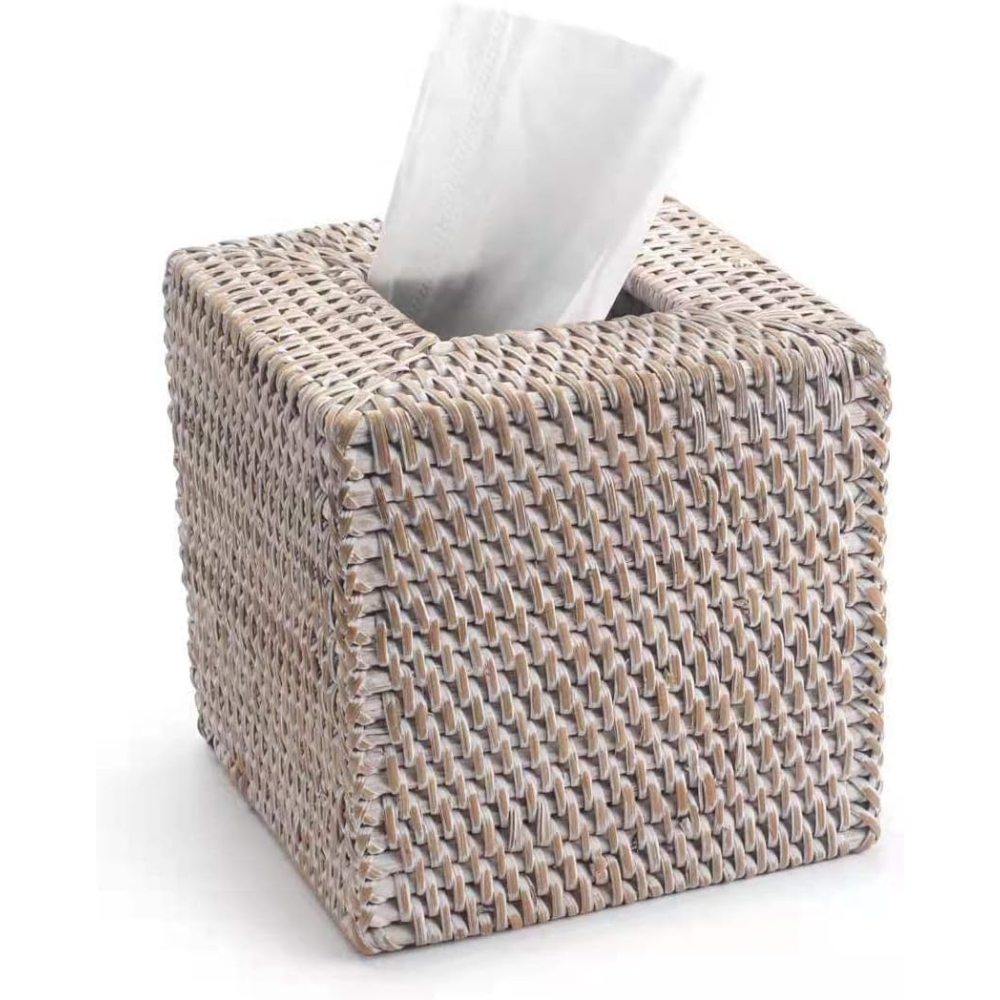Square Rattan Tissue Box Cover, Hand Woven Wicker Tissue Holder, 5.5 x 5.5 X 5.5 inches