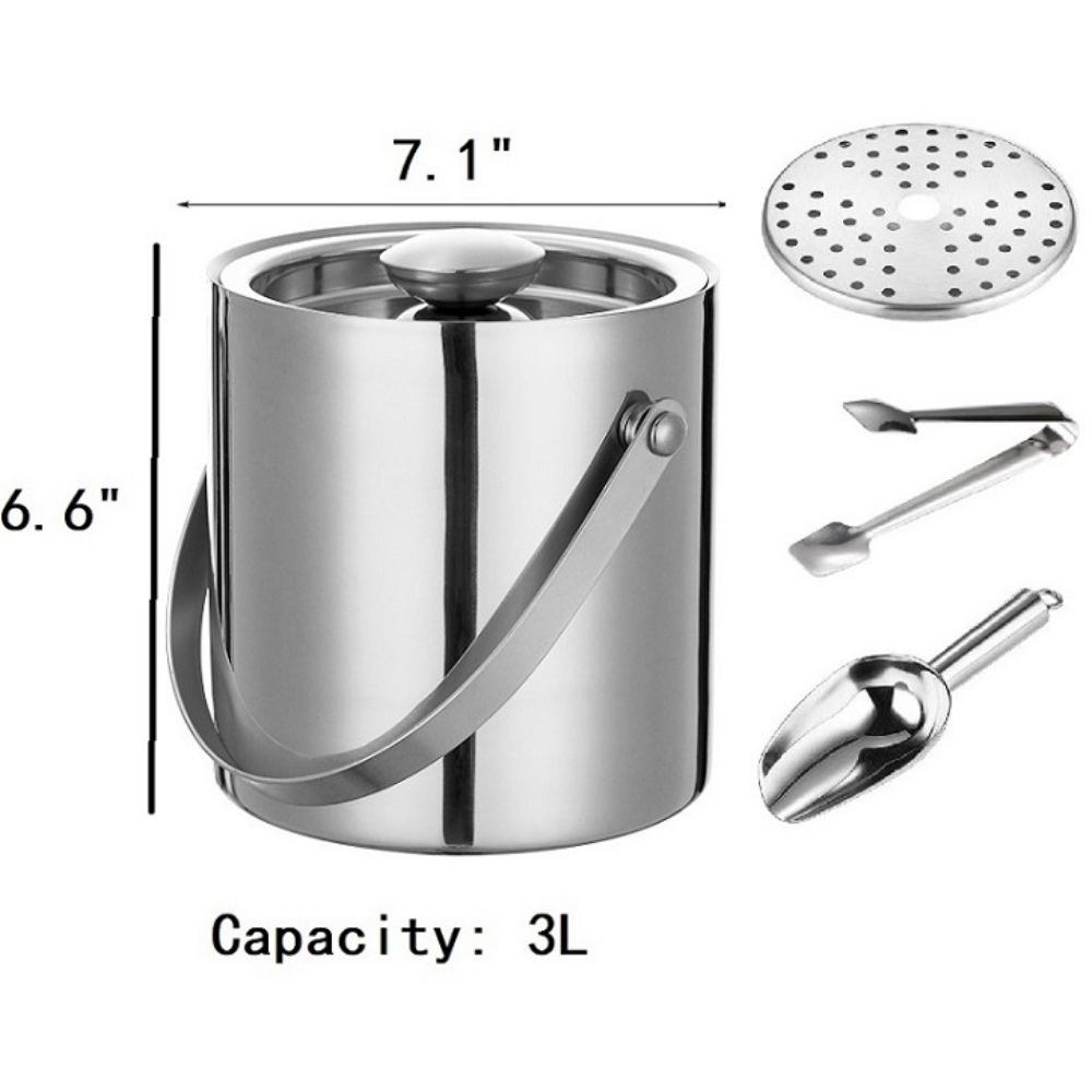 2L/3L Double-Wall Vacuum Insulated Ice Bucket with Lid, Scoop, Ice Tong, Strainer & Handle Keep Ice Frozen Longer Large Wine Ice Buckets for Cocktail Bar,Parties Chilling Beer Champagne 
