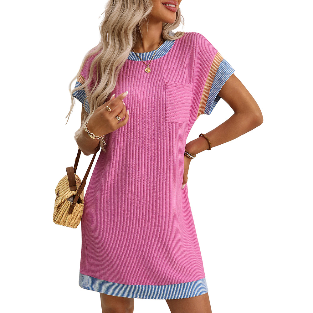 Women's 2025 Summer Color Block Stripe Casual Dress Crewneck Short Sleeve Loose Fit Mini Dress Y2K Cottagecore Vacation Lounge-to-Street Outfit with Pocket 