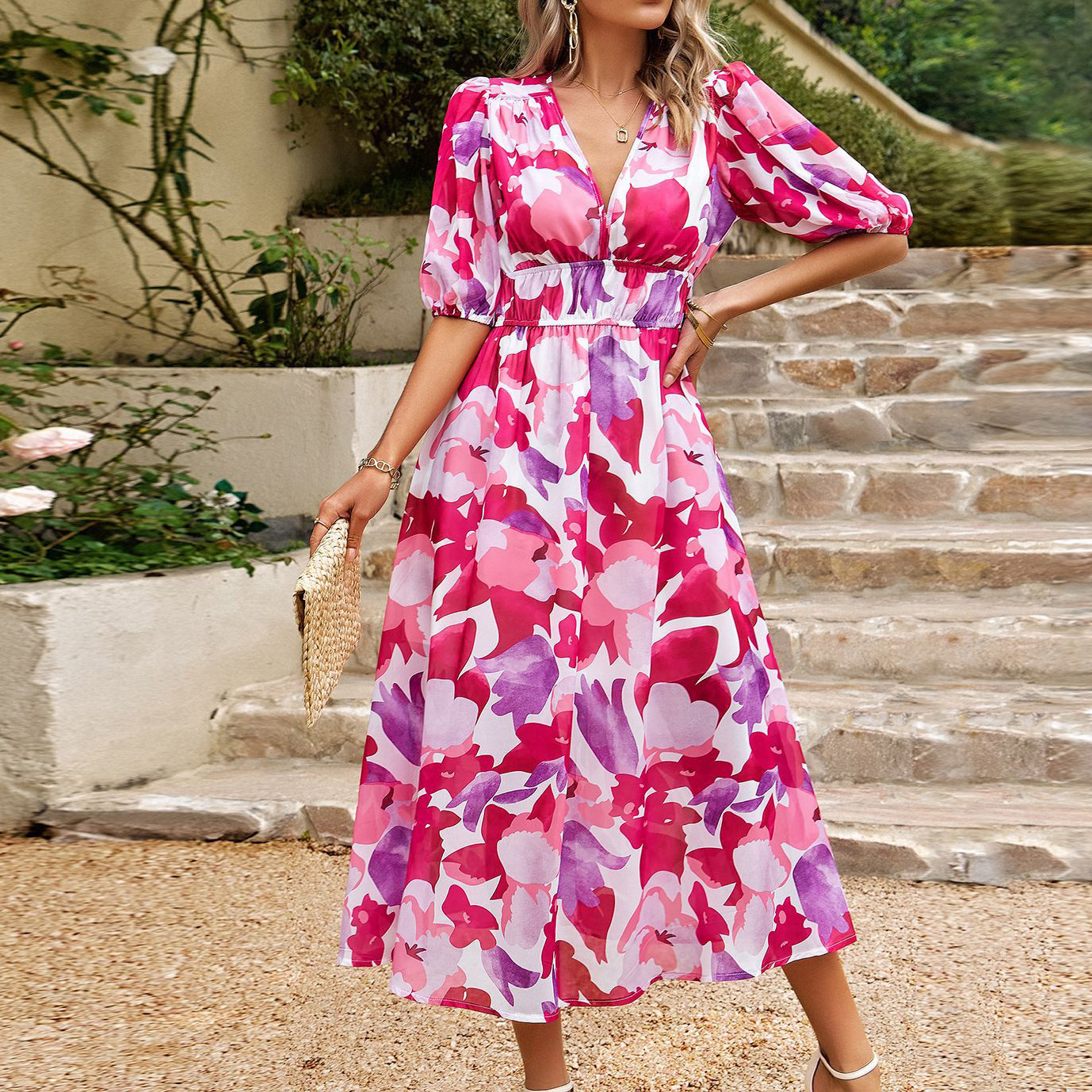 女装夏季v领短袖宽松适合漂亮的背心裙简单的节日及地长裙