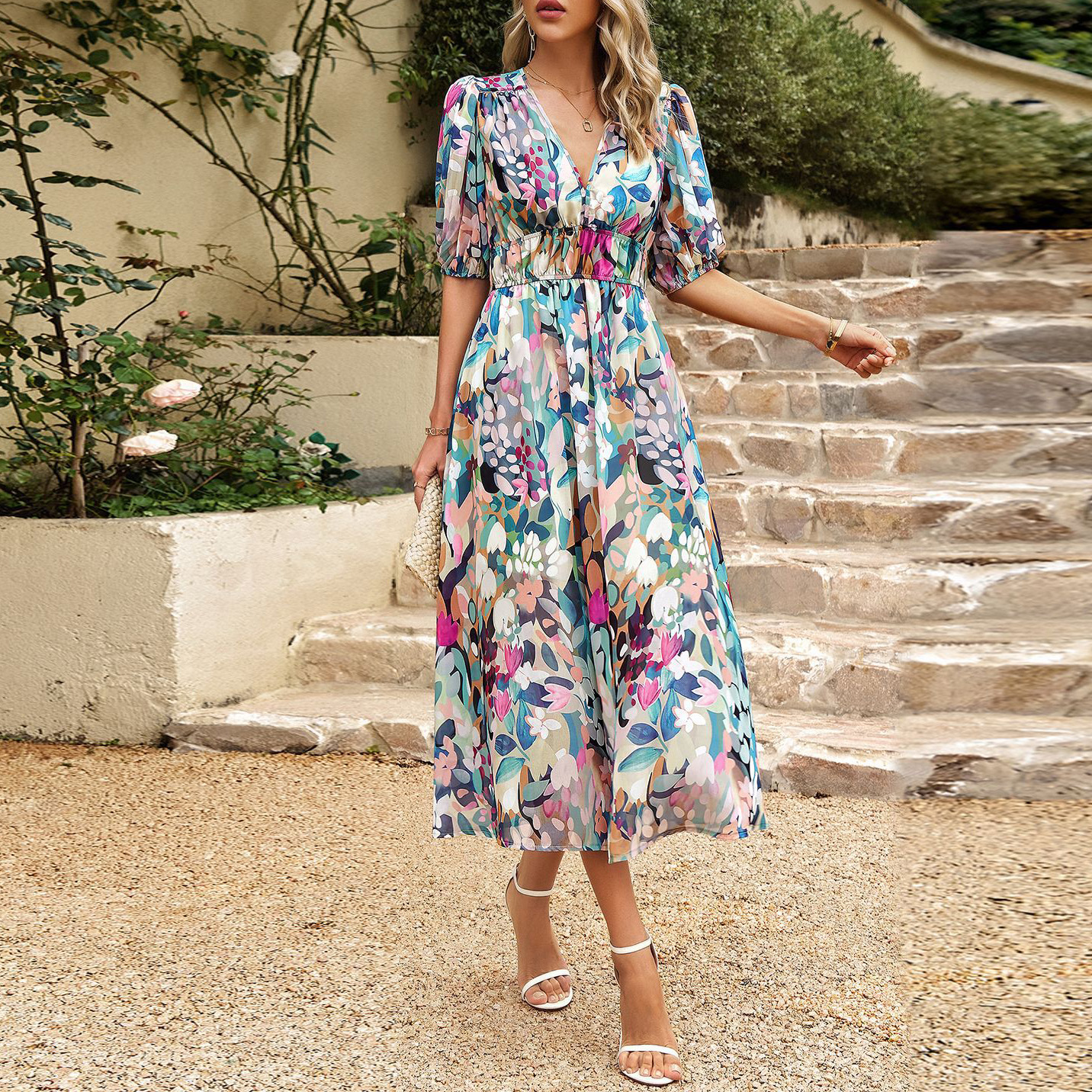 女装夏季v领短袖宽松适合漂亮的背心裙简单的节日及地长裙