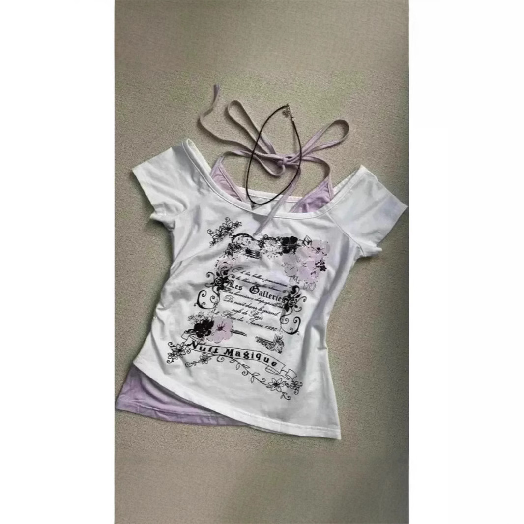 夏季欧美假两件挂脖短袖T恤设计系带新款修身蝴蝶印花性感上衣Y2K