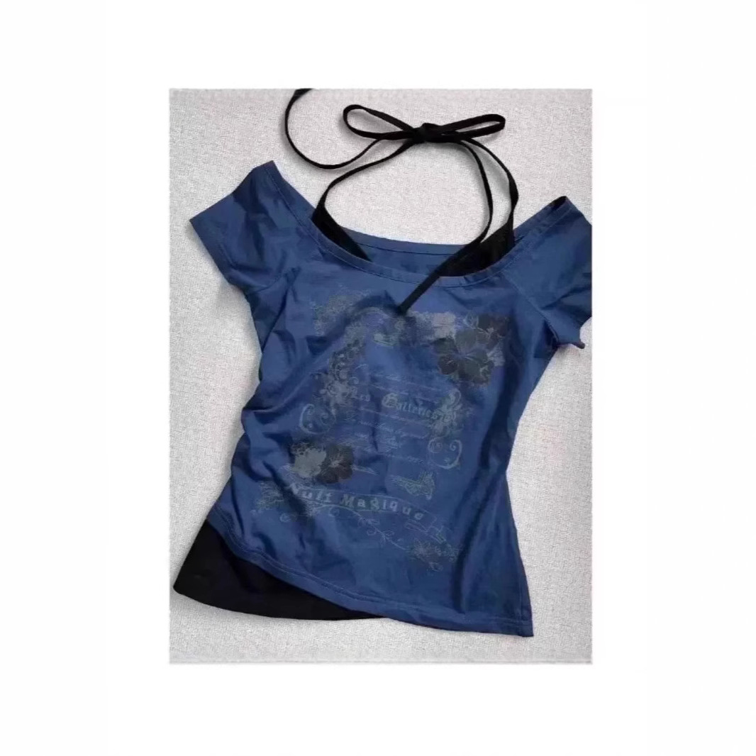 夏季欧美假两件挂脖短袖T恤设计系带新款修身蝴蝶印花性感上衣Y2K