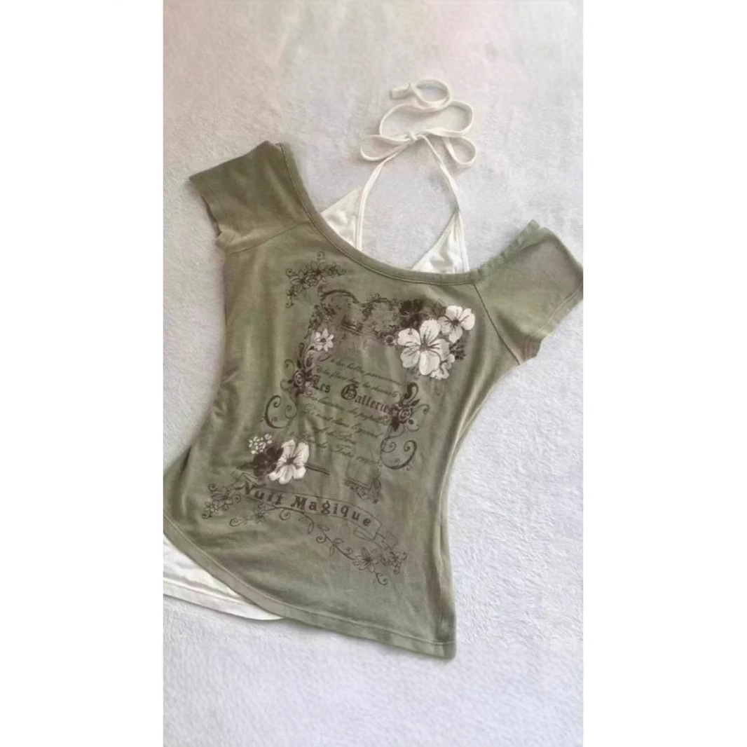 夏季欧美假两件挂脖短袖T恤设计系带新款修身蝴蝶印花性感上衣Y2K