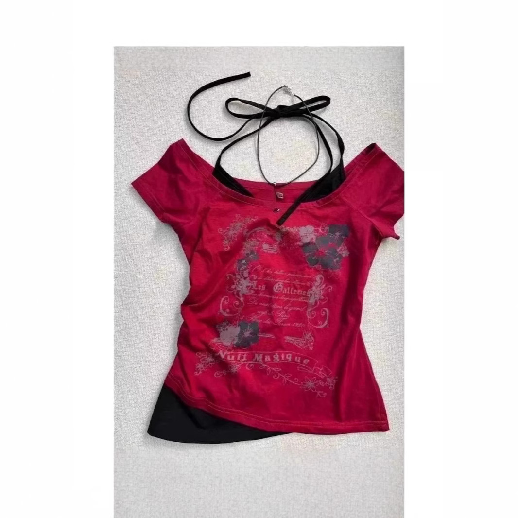 夏季欧美假两件挂脖短袖T恤设计系带新款修身蝴蝶印花性感上衣Y2K