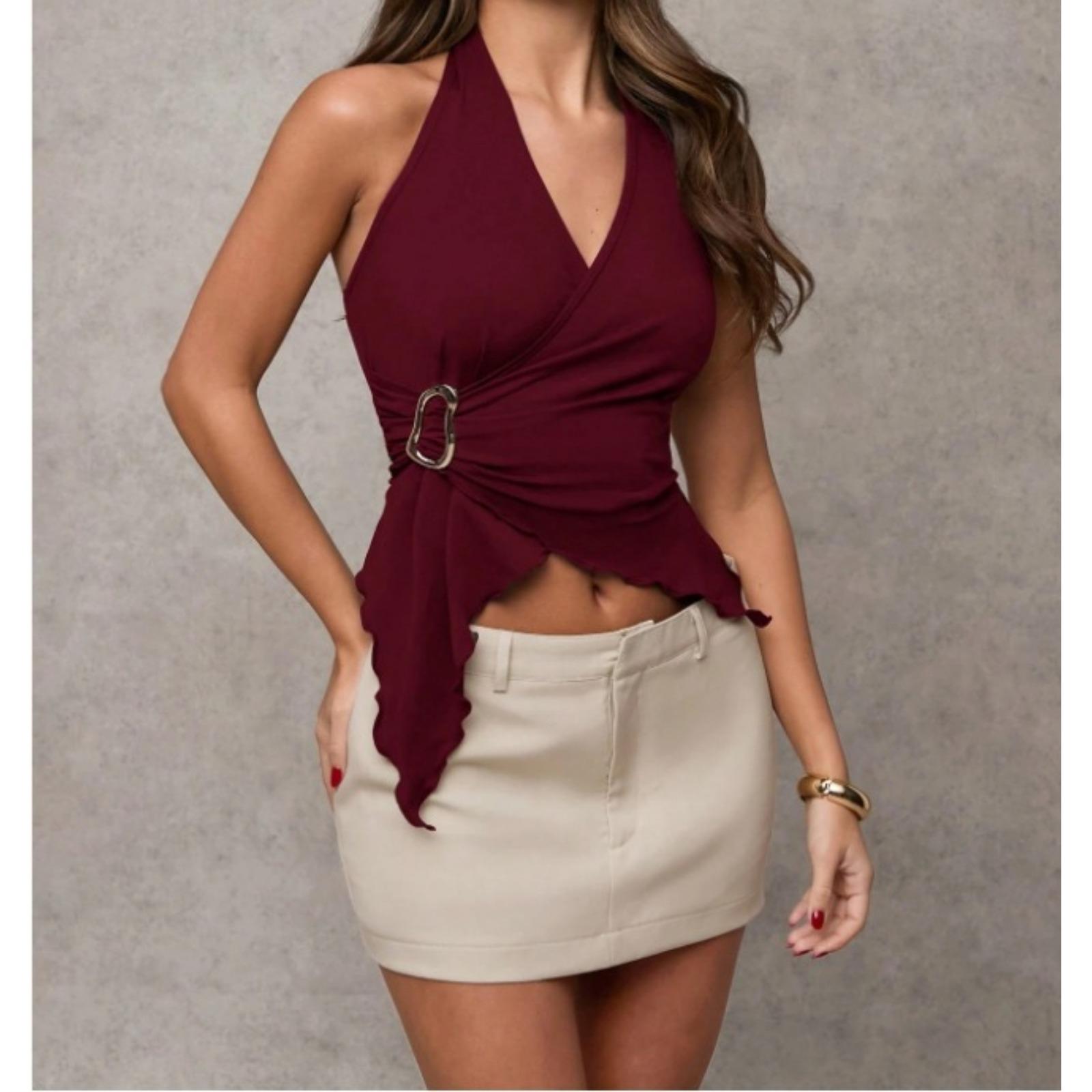 跨境时尚纯欲风性感V领挂脖小背心女夏季不规则紧身显瘦短款上衣