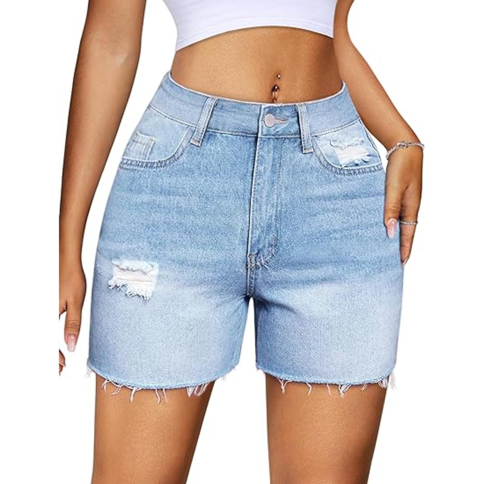 跨境欧美夏季街头高弹力高腰五分裤破洞牛仔短裤女超火热