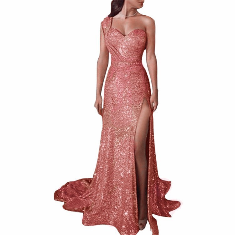 Women's Lace Long Formal Party Dress One-Shoulder Bronzing Womens Side Cutout Padded Shoulder Evening Party Dress