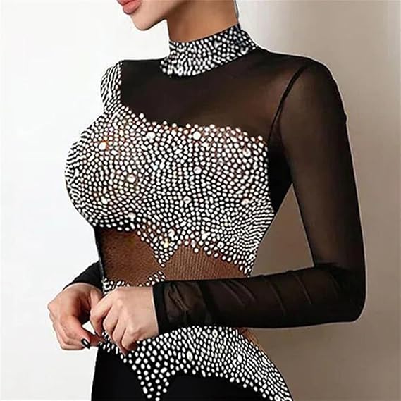 Women‘s Slim Fit Party Dress Half High Collar Sequin Dance  rhinestone shines Gowns  Mesh Dresses