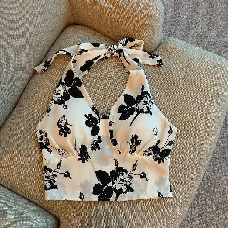 Women's Floral Halter Neck Y2K Cami Top - Crisscross Back Adjustable Bandeau with Built-in Bra & Drawstring Waist