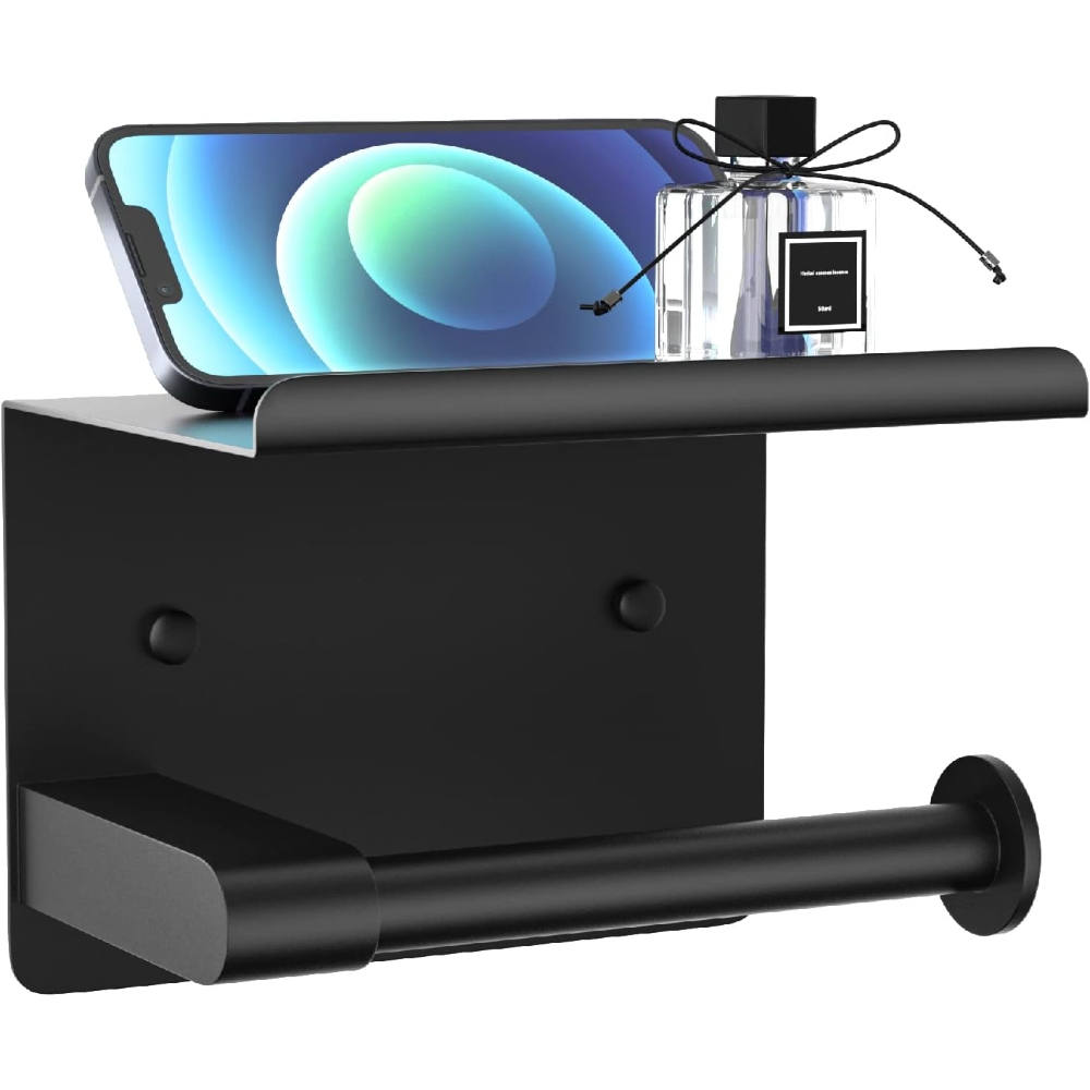 Rustproof Stainless Steel Brushed Nickel Toilet Paper Holder with Shelf - Wall-Mounted, Fits Mega Rolls, Durable Bathroom Tissue Holder