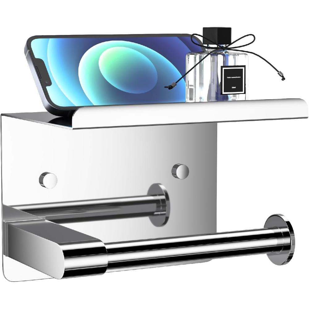 Rustproof Stainless Steel Brushed Nickel Toilet Paper Holder with Shelf - Wall-Mounted, Fits Mega Rolls, Durable Bathroom Tissue Holder
