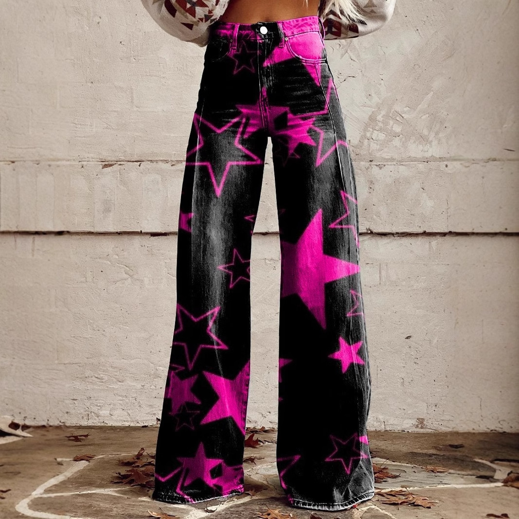 Ladies with gradient color prints, fashionable and individual, high waist and wide legs