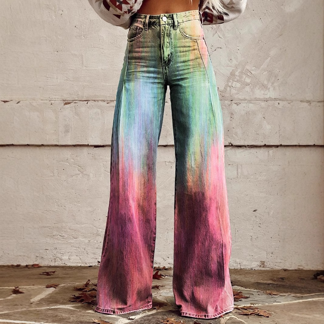 Ladies with gradient color prints, fashionable and individual, high waist and wide legs