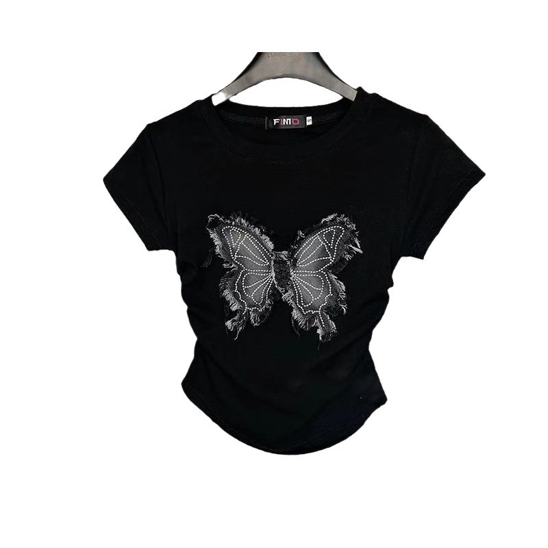 辣妹纯欲风蝴蝶短袖T恤女2024夏新款修身显瘦百搭打底衫上衣ins潮