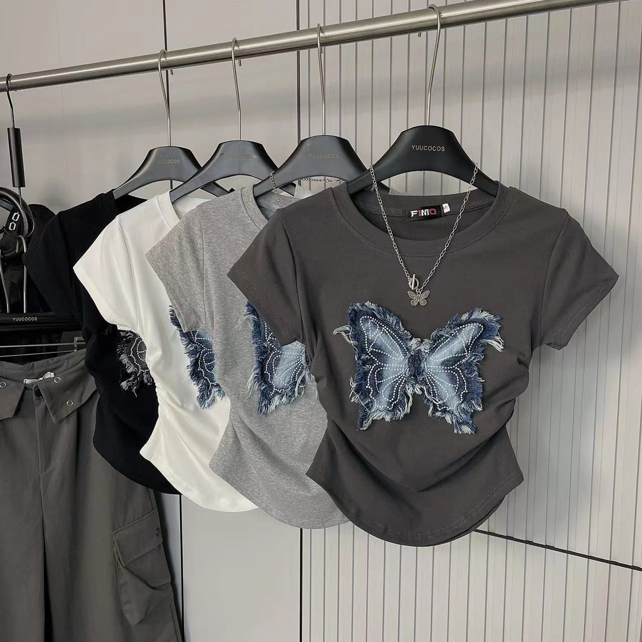 辣妹纯欲风蝴蝶短袖T恤女2024夏新款修身显瘦百搭打底衫上衣ins潮