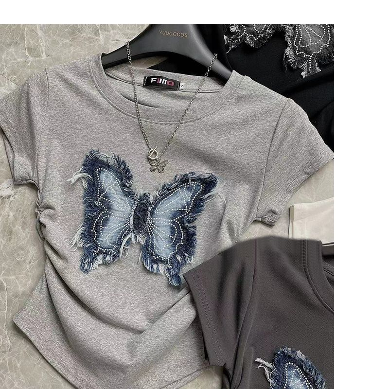 Women's Y2K Butterfly Print Slim-Fit Crop Top - Bodycon Short Sleeve T-Shirt for Streetwear & Layering