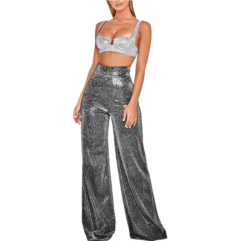 High Waist Wide Leg Pants Metallic Foil Print Trousers Silver Transfer Jeans Statement Flared Pants Elastic Waist Lounge Pants