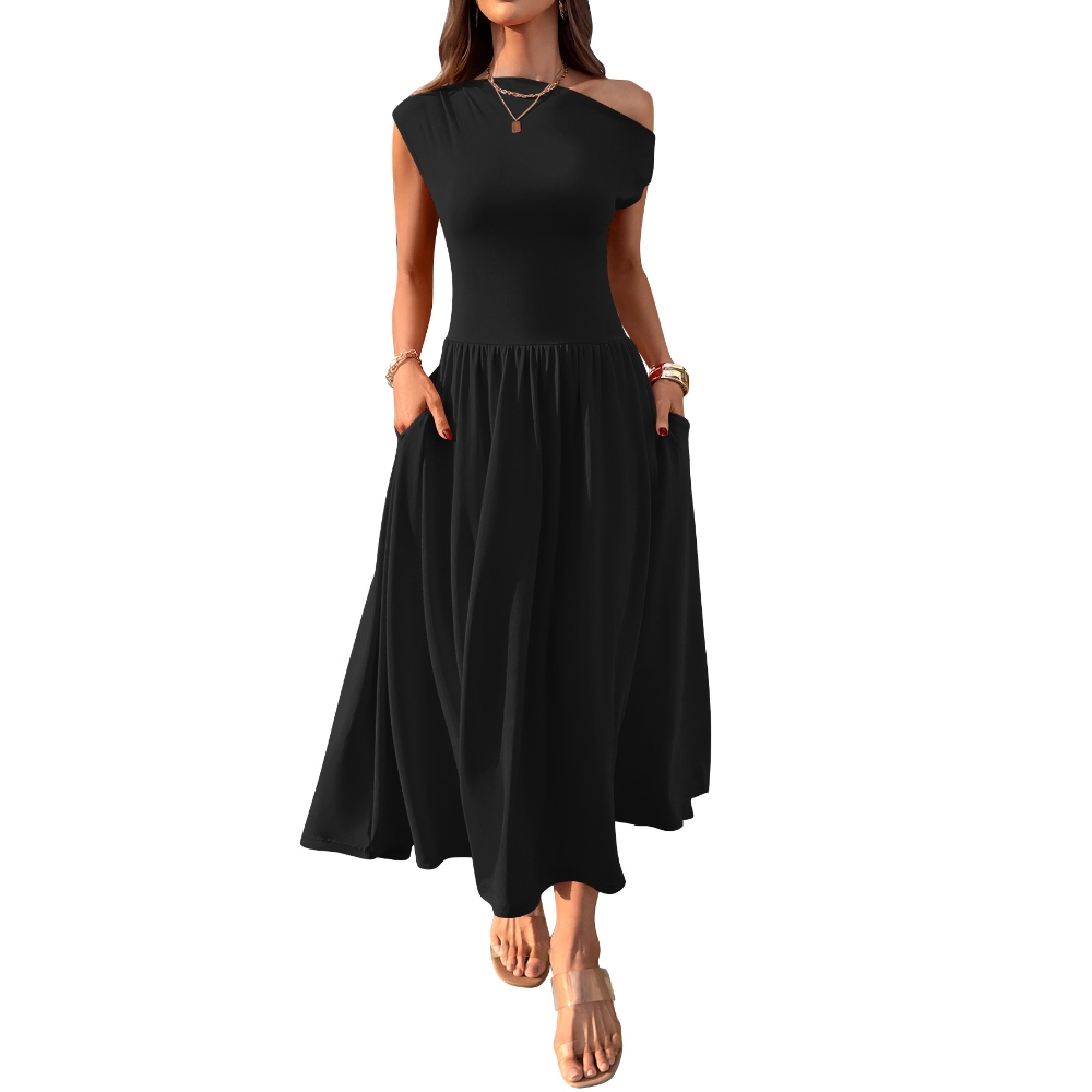 跨境欧美亚马逊独立站2025夏季斜肩性感收腰纯色长款带口袋连衣裙