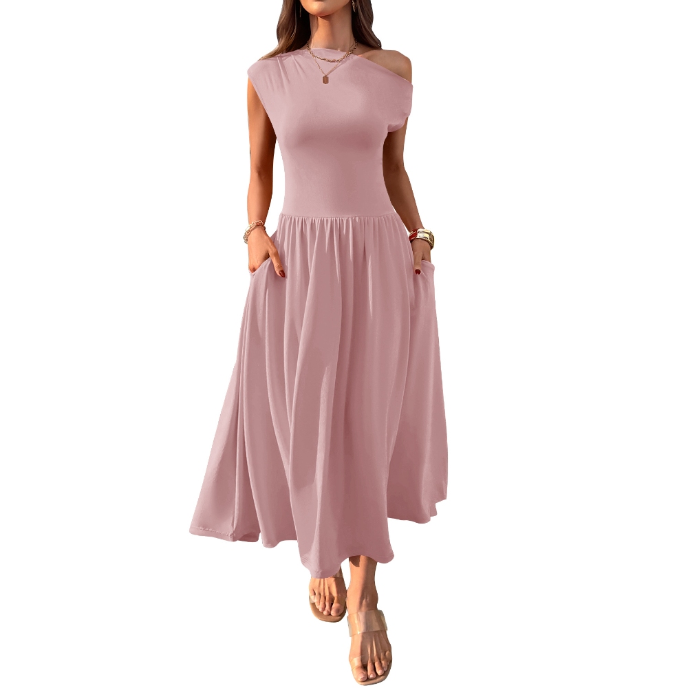Women's 2025 Summer One Shoulder Sleeveless Maxi Dress Solid Color Slim Swing Pleated Hem Dresses Elegant Party Formal Dresses with Pockets