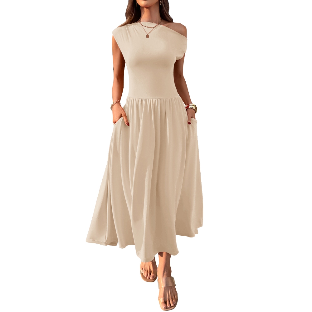 跨境欧美亚马逊独立站2025夏季斜肩性感收腰纯色长款带口袋连衣裙