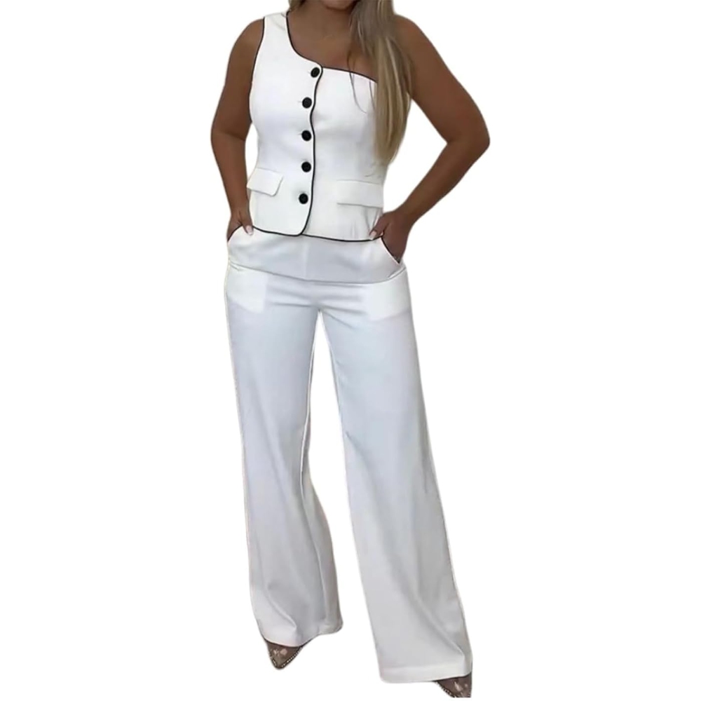Women's Single Shoulder Button Top & Wide-Leg Pant Set, One Shoulder Sleeveless Vest Casual Commuter 2 Piece Set Summer Elegant Slim Suit
