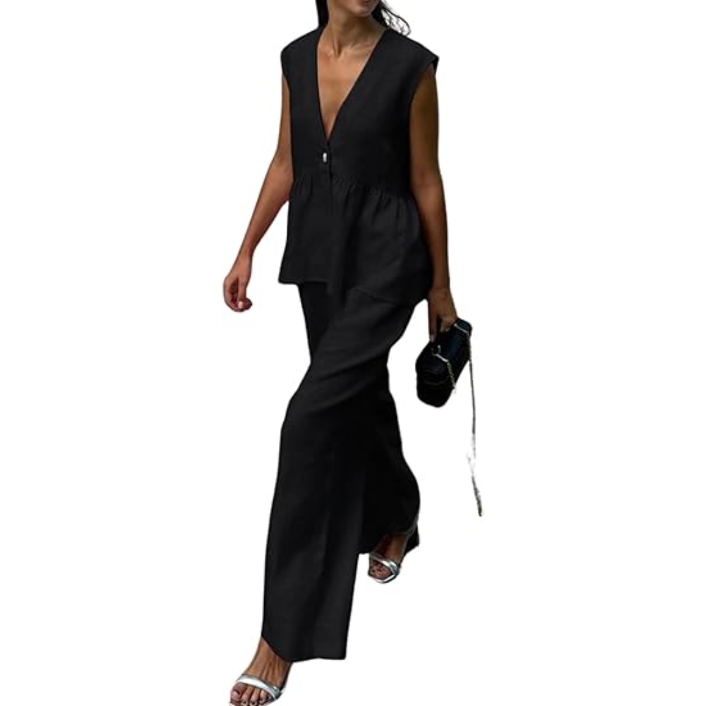 棉质V领无袖上衣马甲长裤套装女欧美新款纯色气质通勤两件套