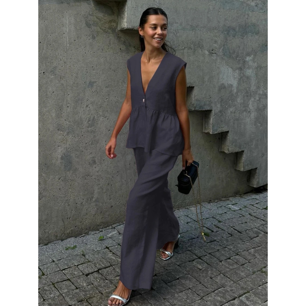 Women's Summer Casual 2 Piece Outfits Sleeveless Top Matching Pants Sets V Neck Button Vest Wide Leg Palazzo Work Suits