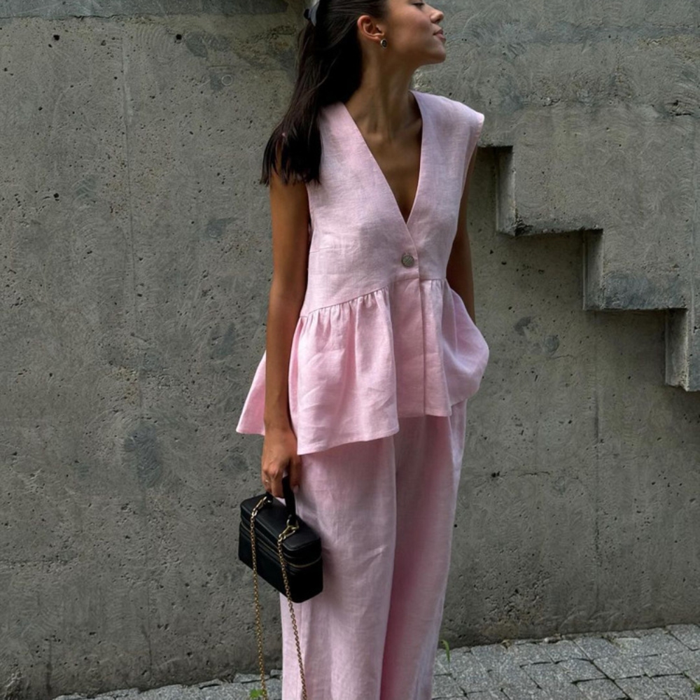 Women's Summer Casual 2 Piece Outfits Sleeveless Top Matching Pants Sets V Neck Button Vest Wide Leg Palazzo Work Suits