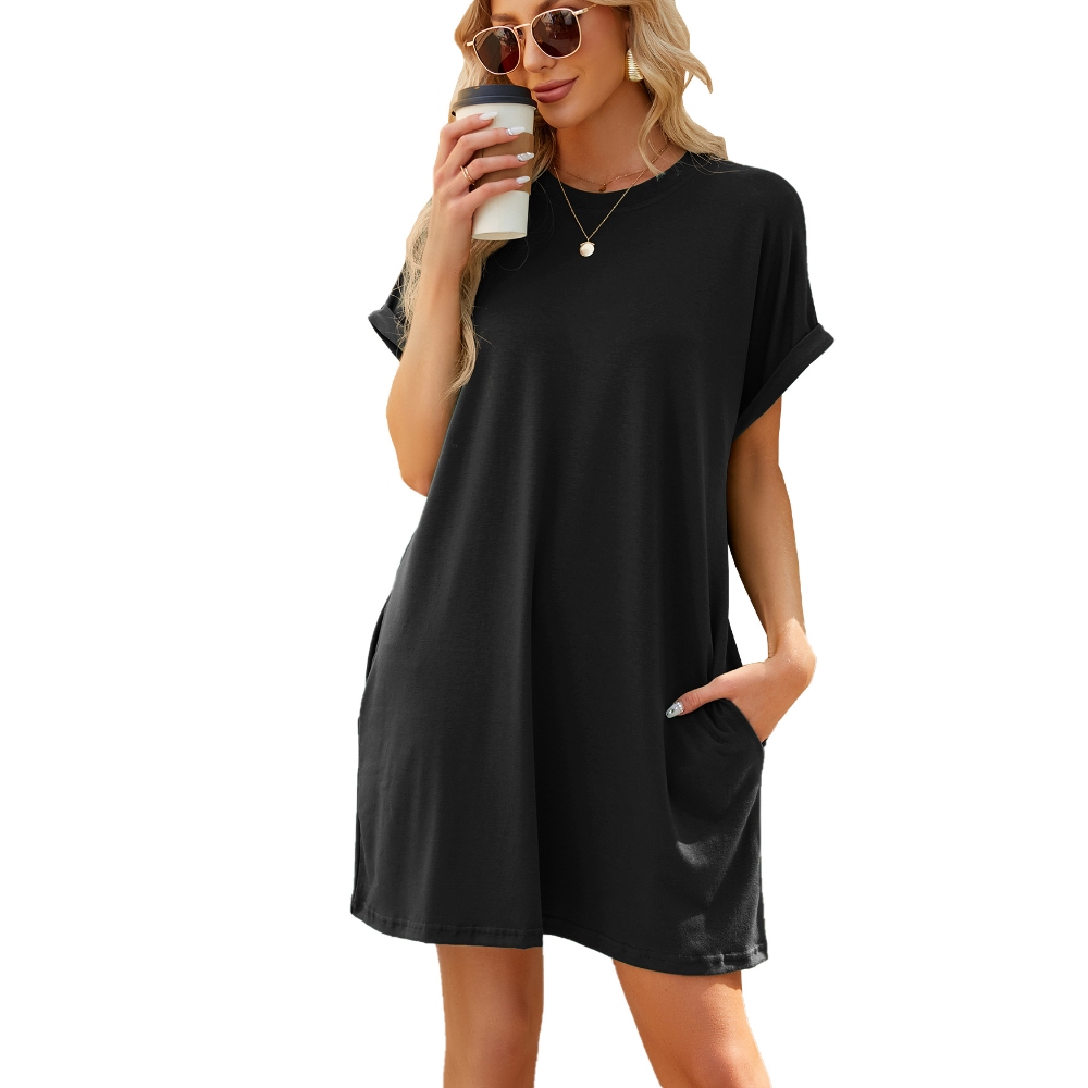  Womens Summer Crew Neck Short Sleeve Mini Dresses Casual Loose Flowy Beach Vacation Sundresses with Pocket Lightweight Solid Slim T Shirt Dress Travel Outfits