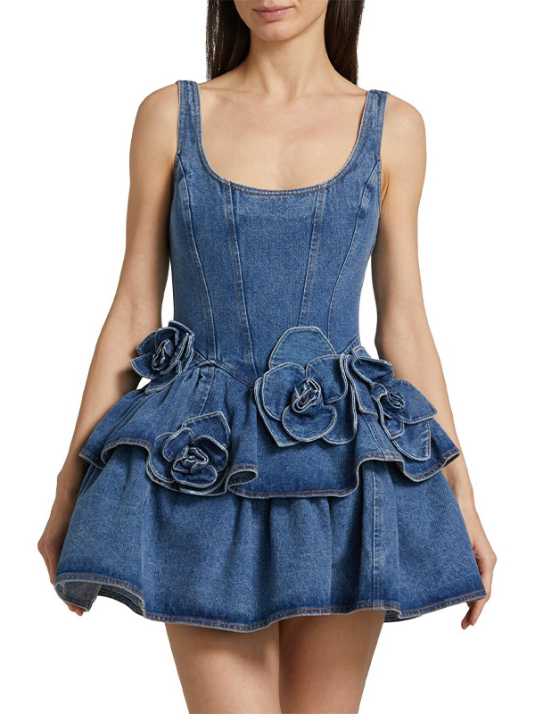 Ladies' double-layered casual style ruffled denim skirt with ruffled trim and sleeveless short skirt
