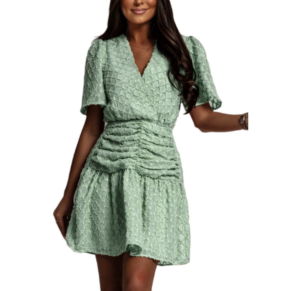 Women's Summer Waist-Defining Mini Skirt V Neck Short Sleeve Smocked Pleated Hem Dress Solid Color Casual Day-to-Night Transitional Outfit
