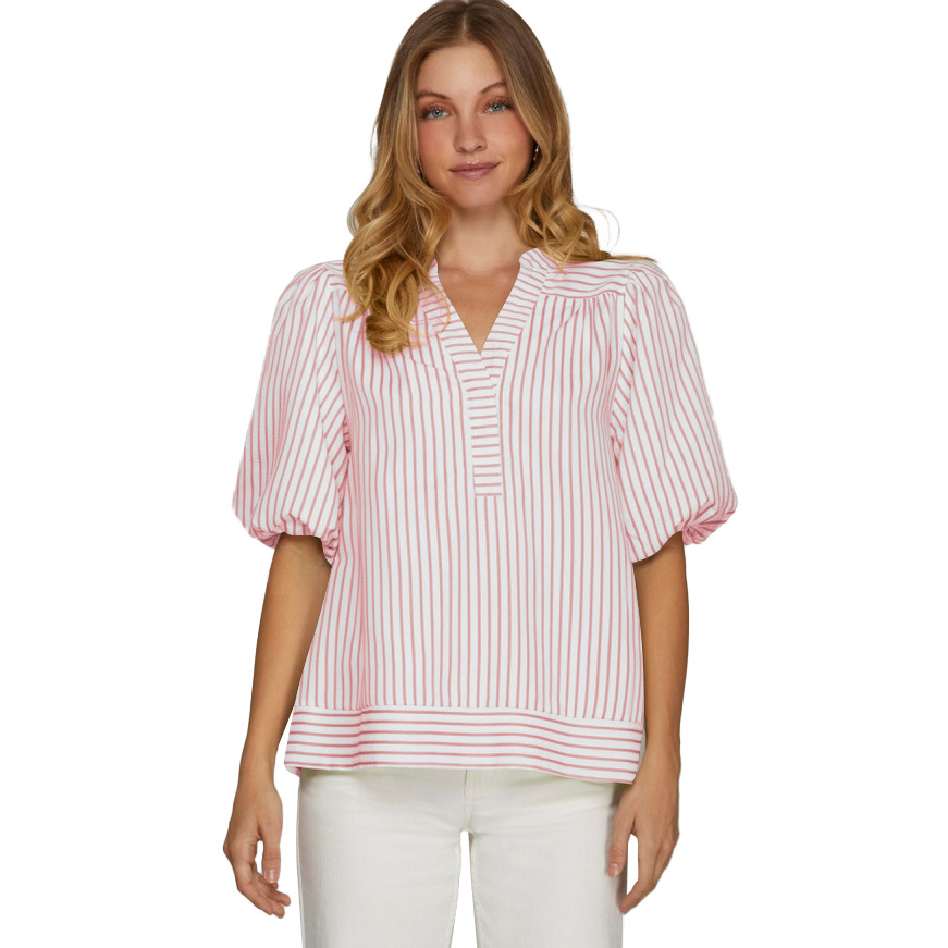Women's Summer V-Neck Puff Sleeve Striped Swing Top Loose Fit Short Sleeve Pleated Pullover Casual Work Blouses Office-to-Cafe Transitional Outfit