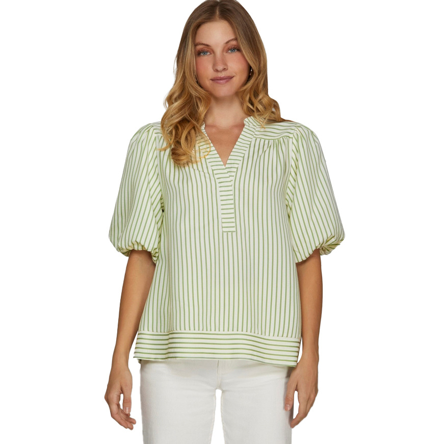 欧美女式衬衫亚马逊独立站跨境2025新品V领拼接泡泡袖条纹上衣