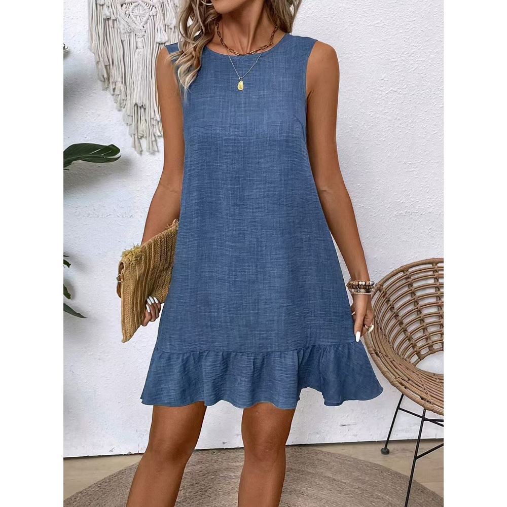Women's Summer Round Neck Sleeveless Tank Dress Casual Tie-Back Ruffle Hem Mini Dress Cottagecore Vacation Beach Essential