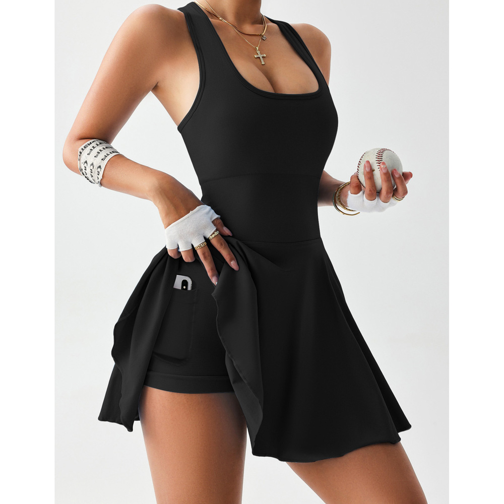 Women's  Sleeveless  one-piece Rompers Square Neck Athletic Tennis Dress Built in Shorts dress with pockets
