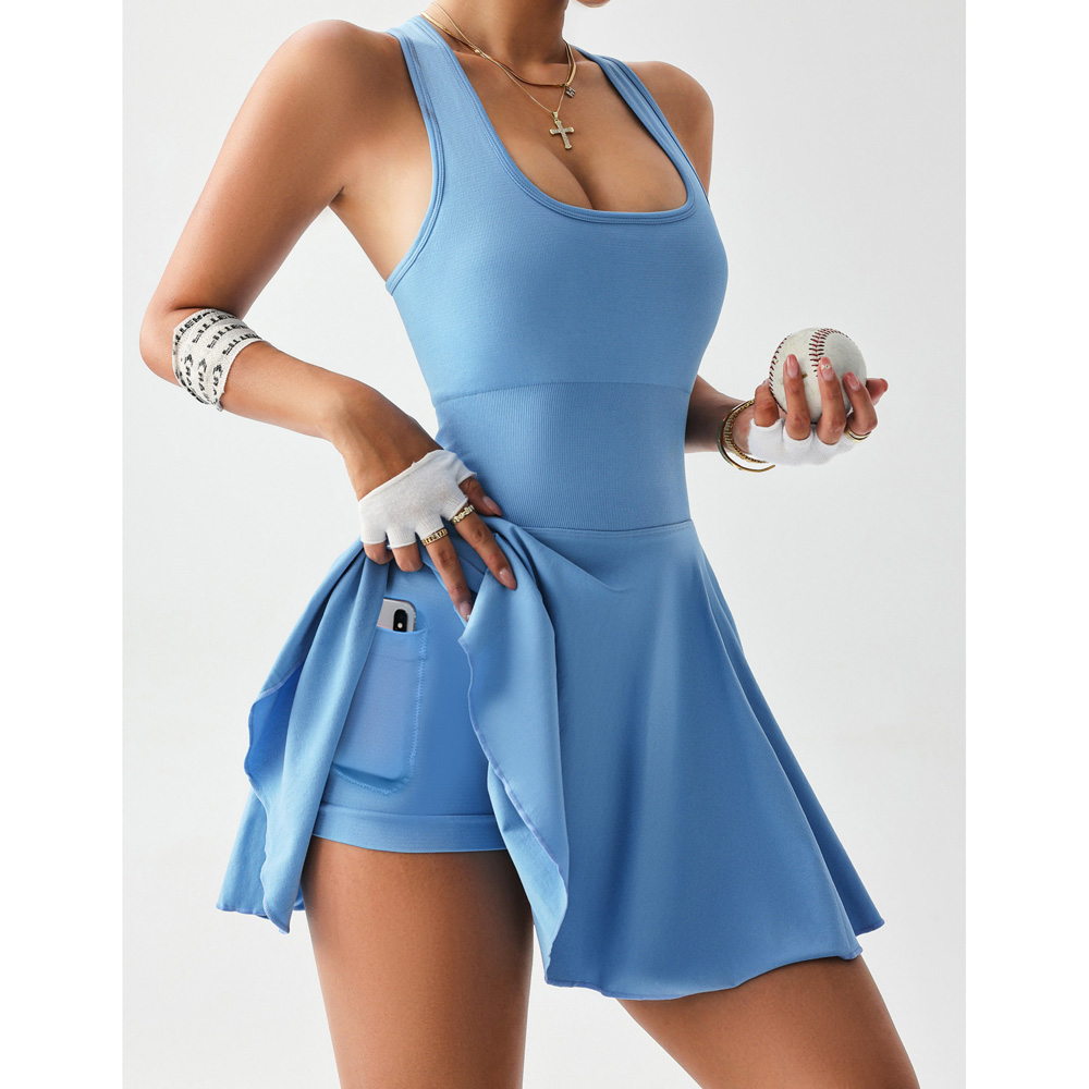 女子无袖连体连衣裤方领运动网球连衣裙内置短裤连衣裙与口袋