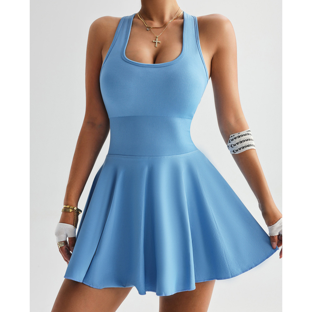 女子无袖连体连衣裤方领运动网球连衣裙内置短裤连衣裙与口袋